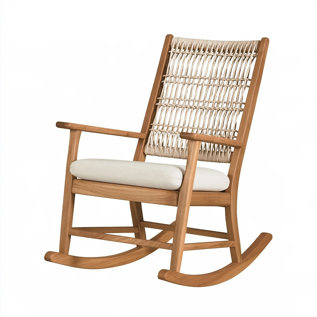 Sedia a dondolo 65 x 92 x 105 cm in legno naturale con corda intrecciata stile rustico
