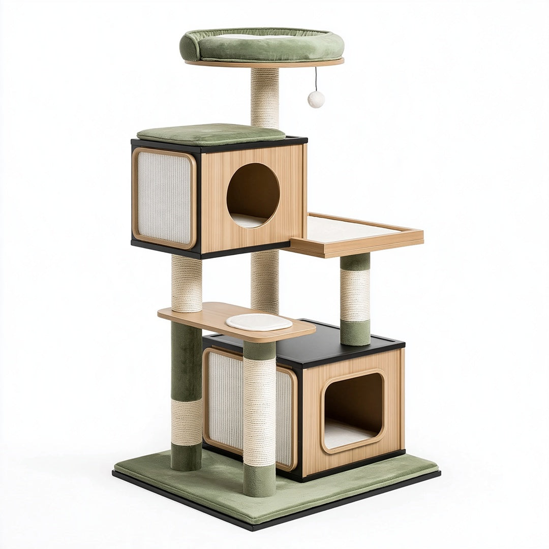 Albero tiragraffi per gatti 60 x 50 x 140 cm in legno verde con colonne in sisal e cuccette
