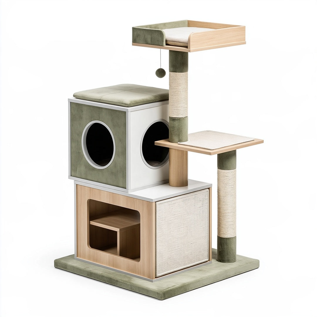 Tiragraffi per gatti 60 x 50 x 140 cm in legno e tessuto verde bianco - multilivello con cuccia e pali in sisal