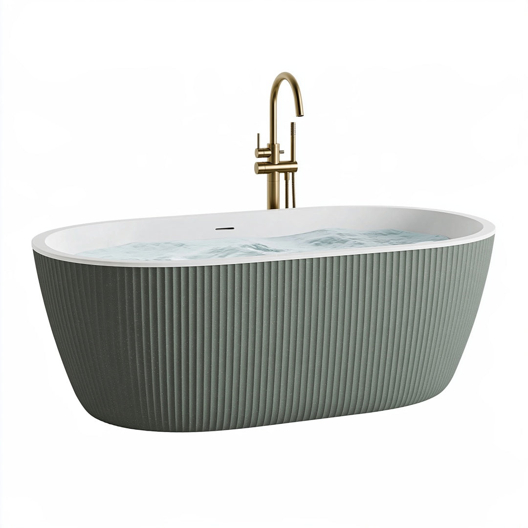 Vasca da bagno freestanding 170 x 80 cm in acrilico grigio-verde con finitura scanalata moderna