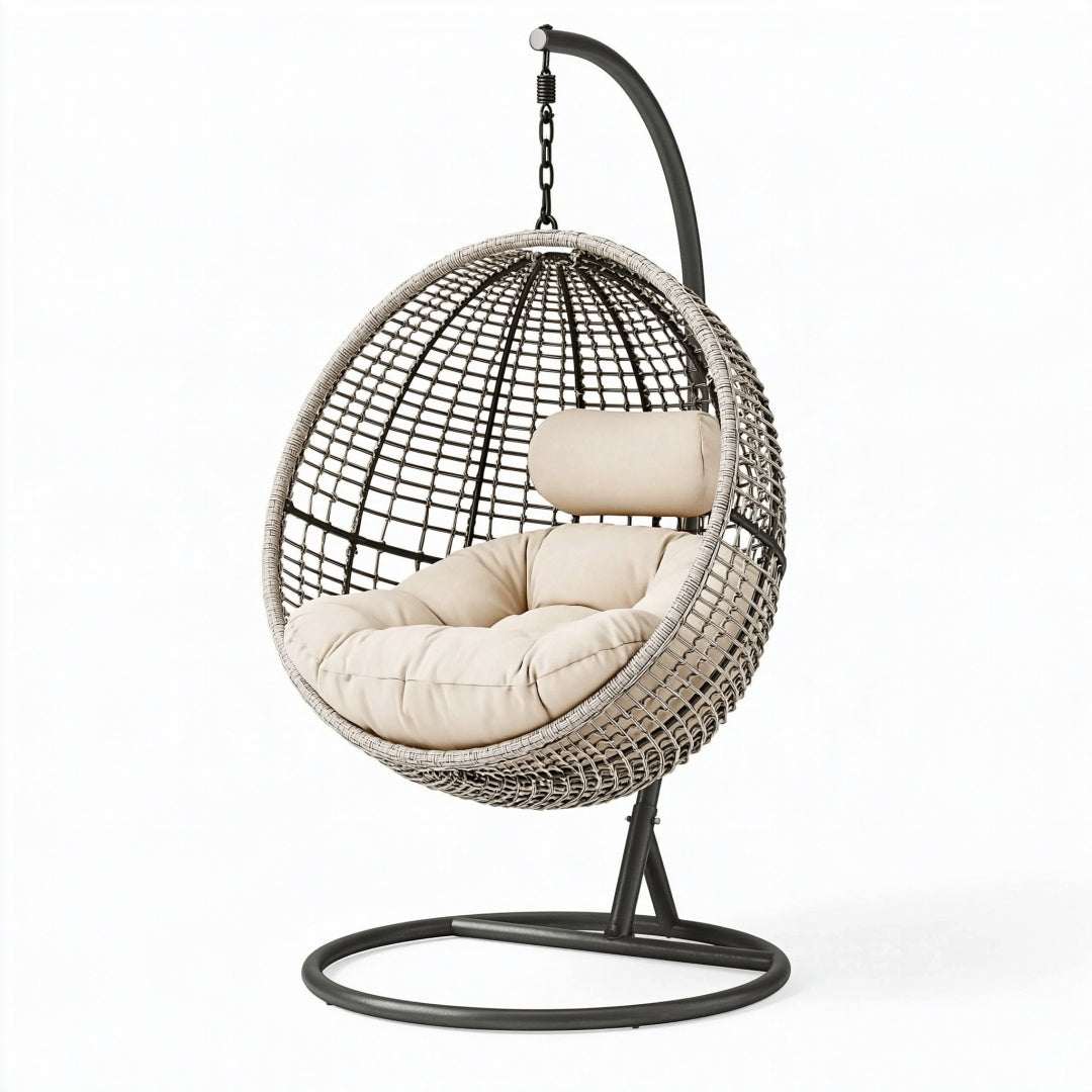 Poltrona sospesa 105 x 105 x 195 cm in rattan sintetico beige con struttura in metallo per giardino stile boho