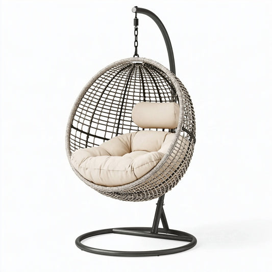 Poltrona sospesa 105 x 105 x 195 cm in rattan sintetico beige con struttura in metallo per giardino stile boho