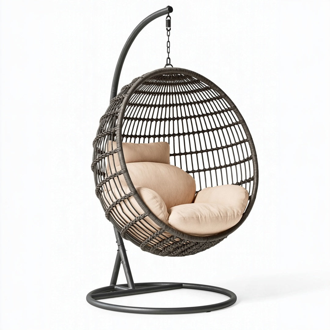 Poltrona sospesa 105 x 105 x 195 cm in fibra intrecciata nero beige con supporto in metallo