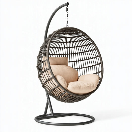 Poltrona sospesa 105 x 105 x 195 cm in fibra intrecciata nero beige con supporto in metallo