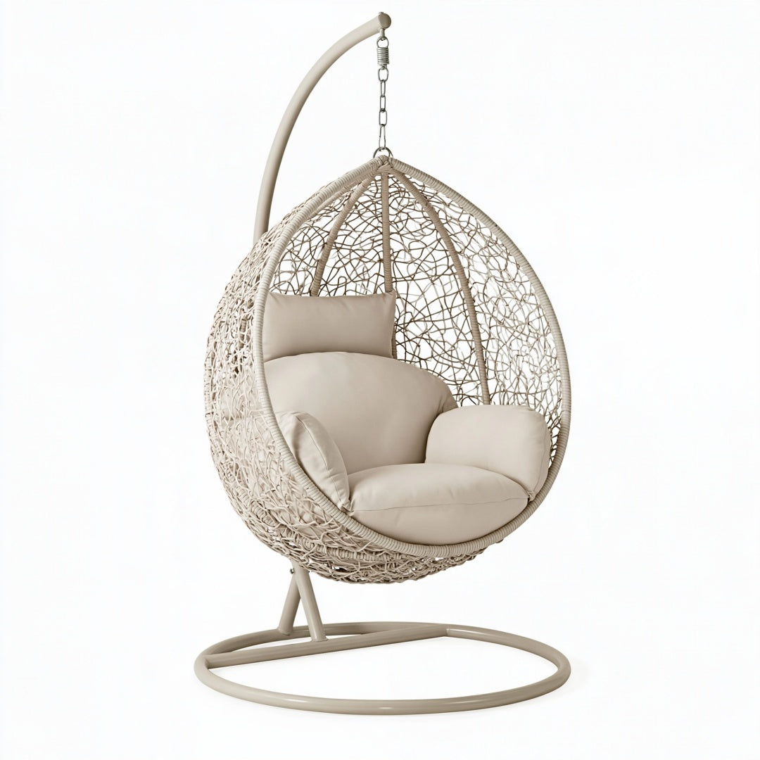 Poltrona sospesa 105 x 105 x 195 cm in metallo e fibra intrecciata beige con supporto da terra