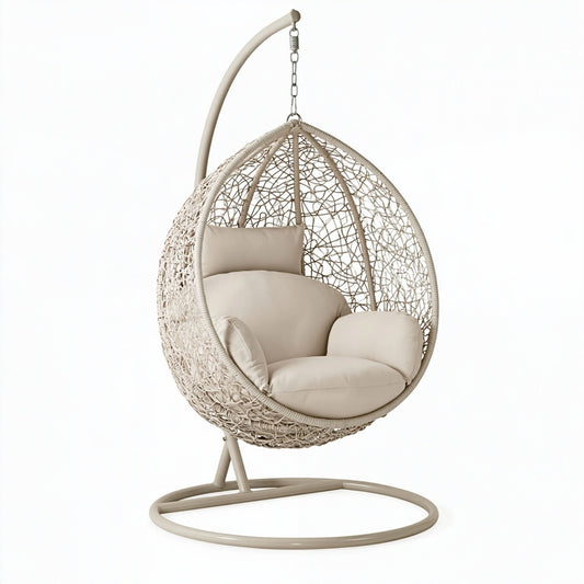 Poltrona sospesa 105 x 105 x 195 cm in metallo e fibra intrecciata beige con supporto da terra