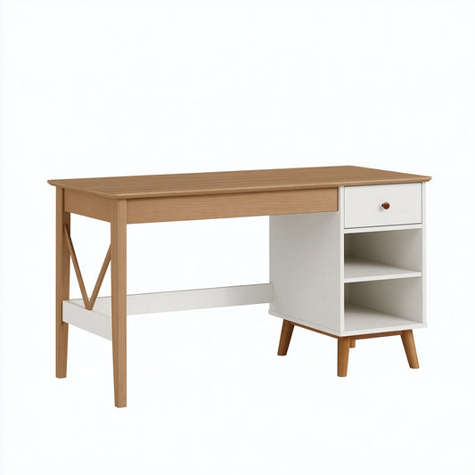 Scrivania 120 x 60 x 75 cm in legno bianco/naturale con cassetto e ripiani stile nordico