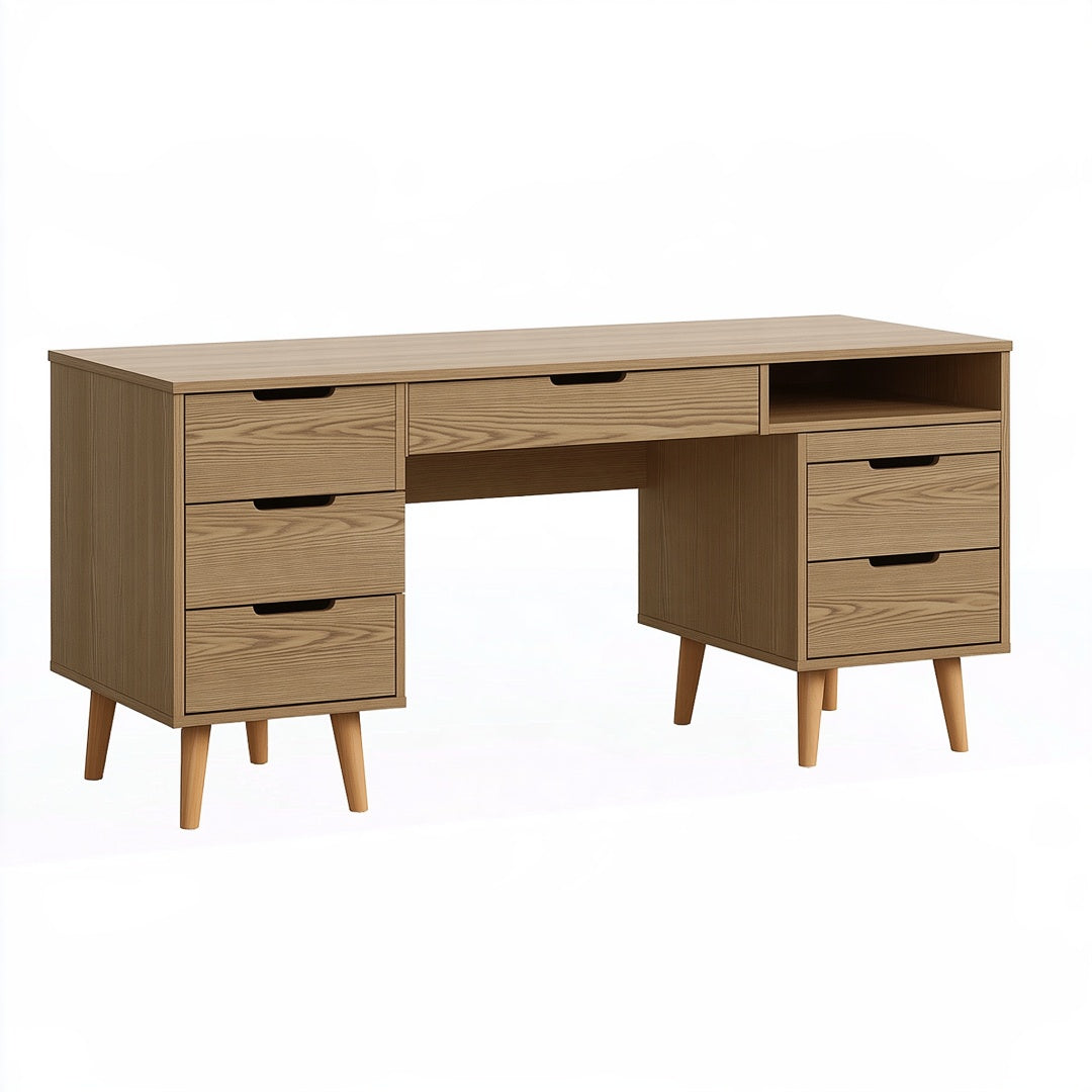 Scrivania 150 x 60 x 75 cm in legno marrone con 6 cassetti stile nordico