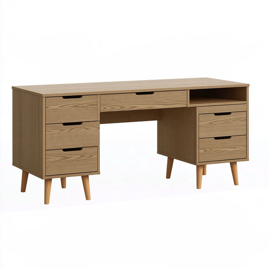 Scrivania 150 x 60 x 75 cm in legno marrone con 6 cassetti stile nordico