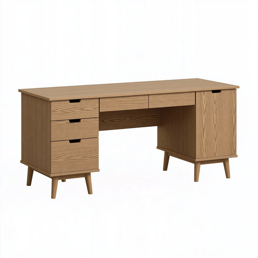 Scrivania 160 x 60 x 75 cm effetto rovere con 5 cassetti e anta stile moderno
