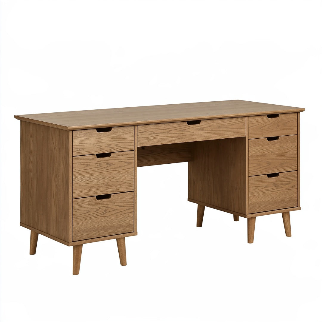 Scrivania 150 x 60 x 75 cm in legno color rovere con 7 cassetti - stile moderno
