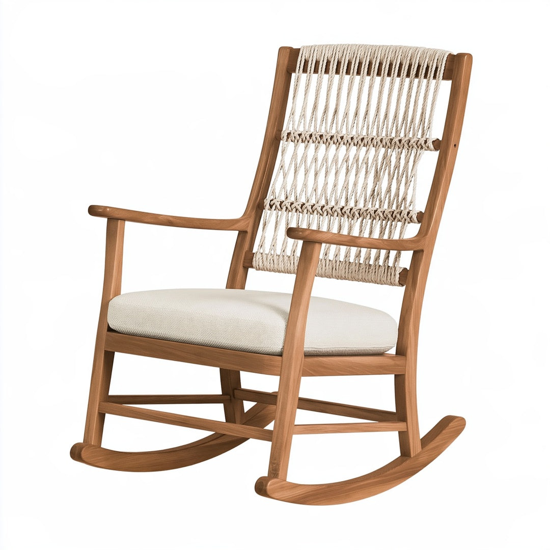Sedia a dondolo 65 x 90 x 105 cm in legno marrone con schienale in corda e seduta beige