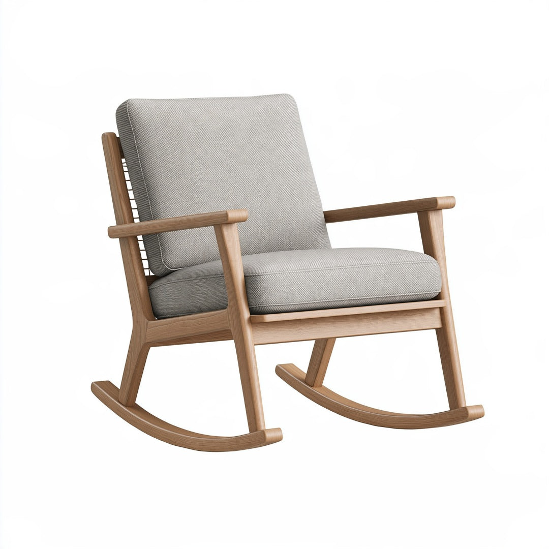 Sedia a dondolo 68 x 91 x 100 cm in legno naturale e tessuto grigio stile nordico per soggiorno