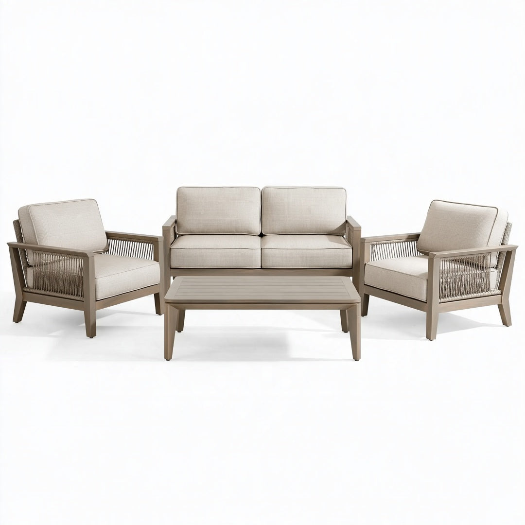 Set salotto da giardino 4 posti 205 cm in corda e tessuto beige tortora - stile contemporaneo