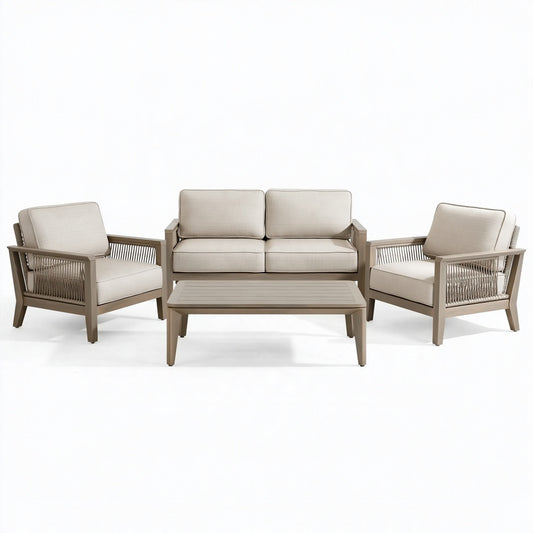 Set salotto da giardino 4 posti 205 cm in corda e tessuto beige tortora - stile contemporaneo