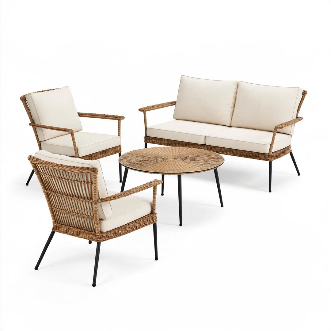 Set da giardino 4 pezzi con tavolo diametro 90 cm in rattan marrone e metallo nero stile contemporaneo
