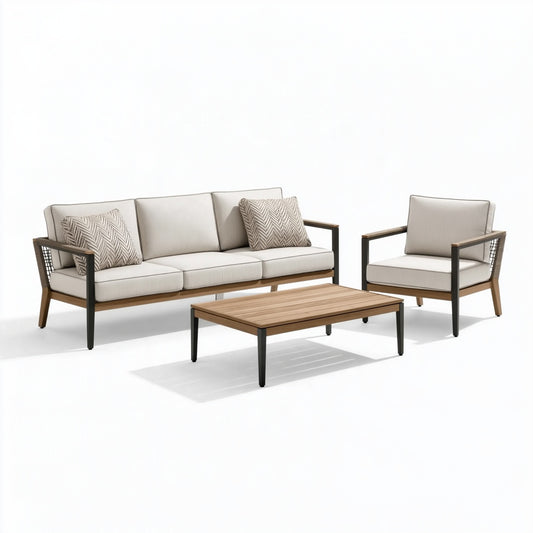 Set salotto da giardino 3 pezzi in legno e metallo beige con tavolino