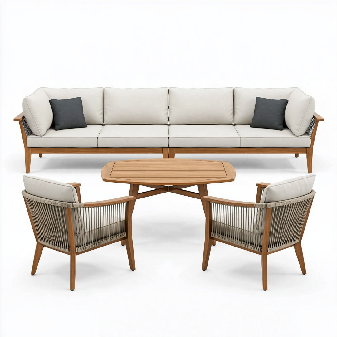 Set salotto da giardino 4 pezzi 220 x 80 cm in legno e corda beige stile contemporaneo