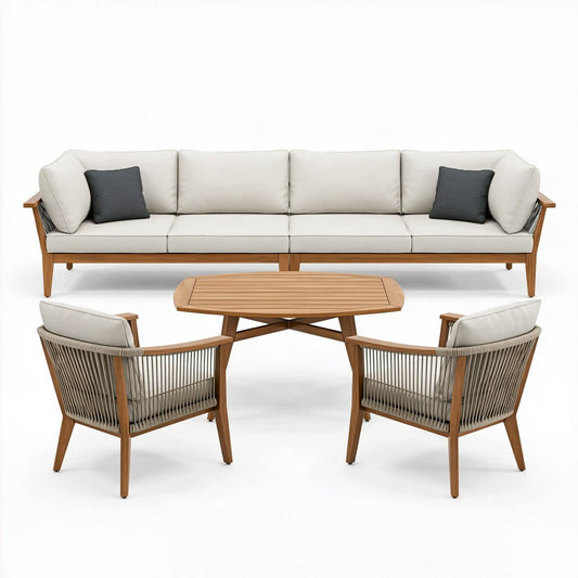 Set salotto da giardino 4 pezzi 220 x 80 cm in legno e corda beige stile contemporaneo