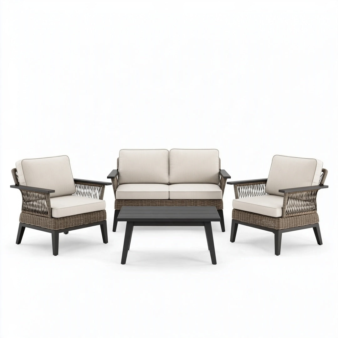 Set da giardino 4 pezzi in intreccio marrone e metallo nero con tavolino stile contemporaneo
