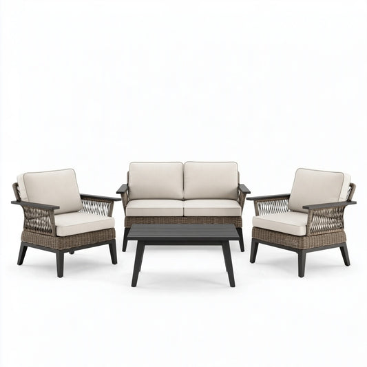 Set da giardino 4 pezzi in intreccio marrone e metallo nero con tavolino stile contemporaneo