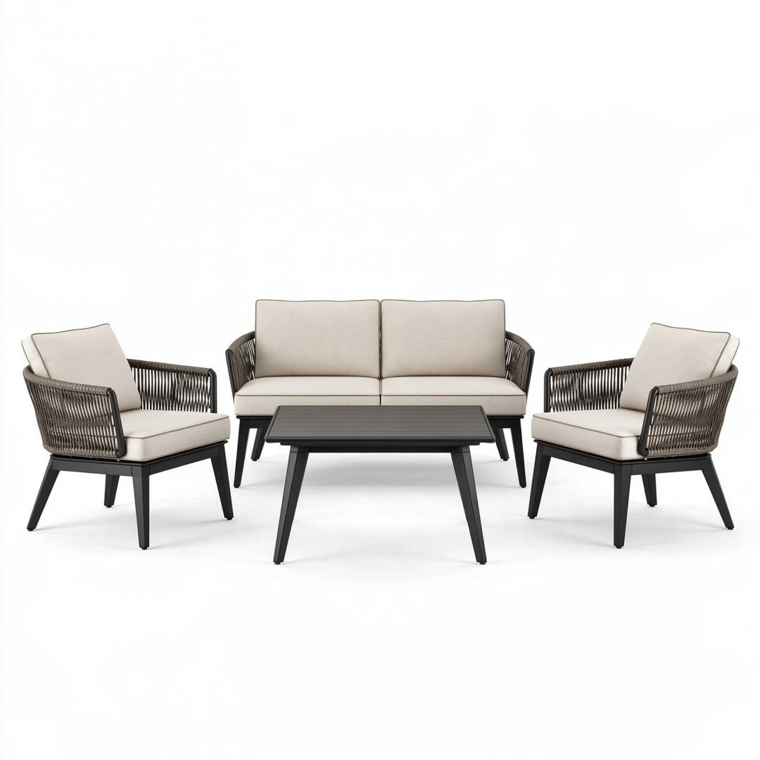 Set salotto da giardino 4 pezzi 120 cm in metallo e corda beige nero stile moderno