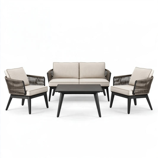 Set salotto da giardino 4 pezzi 120 cm in metallo e corda beige nero stile moderno
