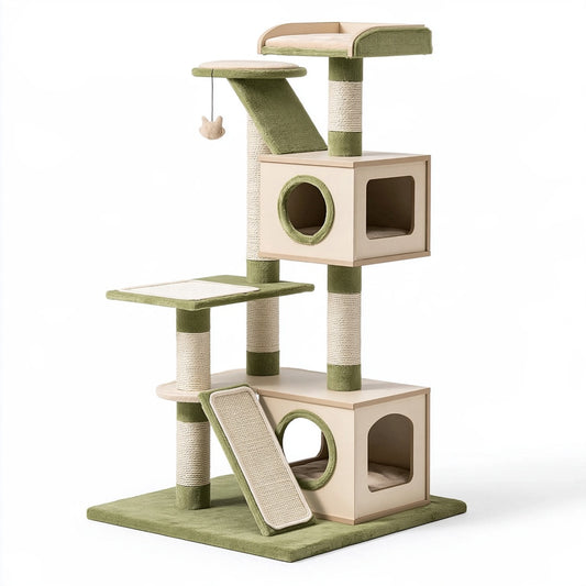 Tiragraffi per gatti 60 x 50 x 160 cm in sisal e tessuto verde beige con cucce e piattaforme