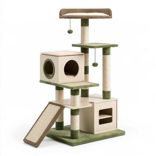 Tiragraffi per gatti 60 x 50 x 150 cm in sisal e tessuto beige/verde con cucce e piattaforme