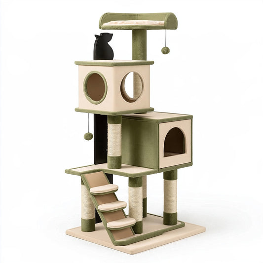 Tiragraffi per gatti 60 x 60 x 150 cm in sisal e tessuto verde/beige con cucce e piattaforme