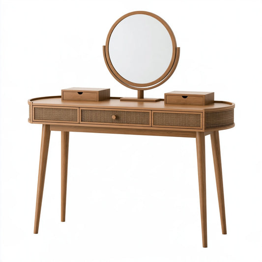 Toeletta con specchio 120 x 45 x 145 cm in legno marrone naturale con rattan stile retrò