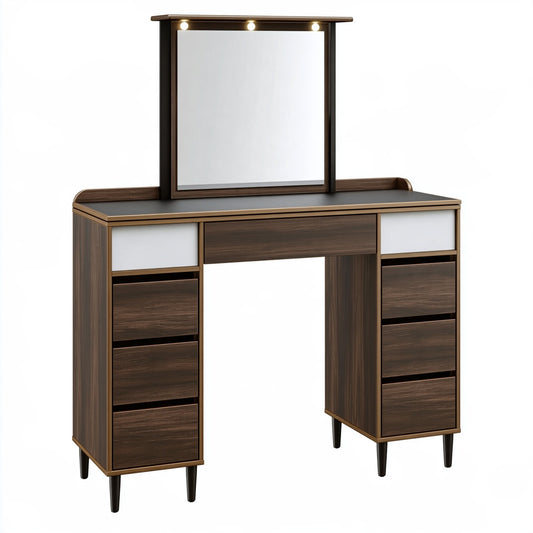 Toeletta 120 x 45 x 150 cm in legno marrone scuro con specchio illuminato e cassetti stile moderno