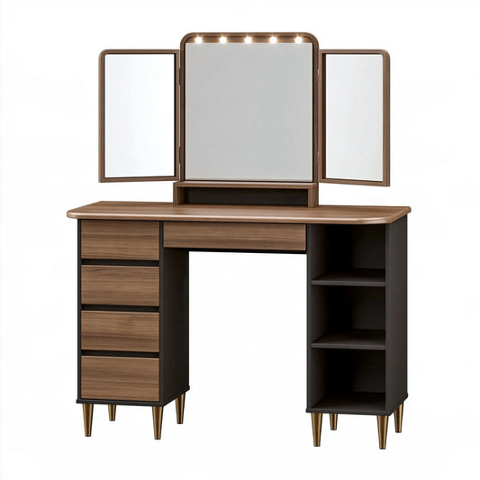 Toeletta 120x45x140 cm in legno marrone scuro con specchio triplo illuminato e cassetti