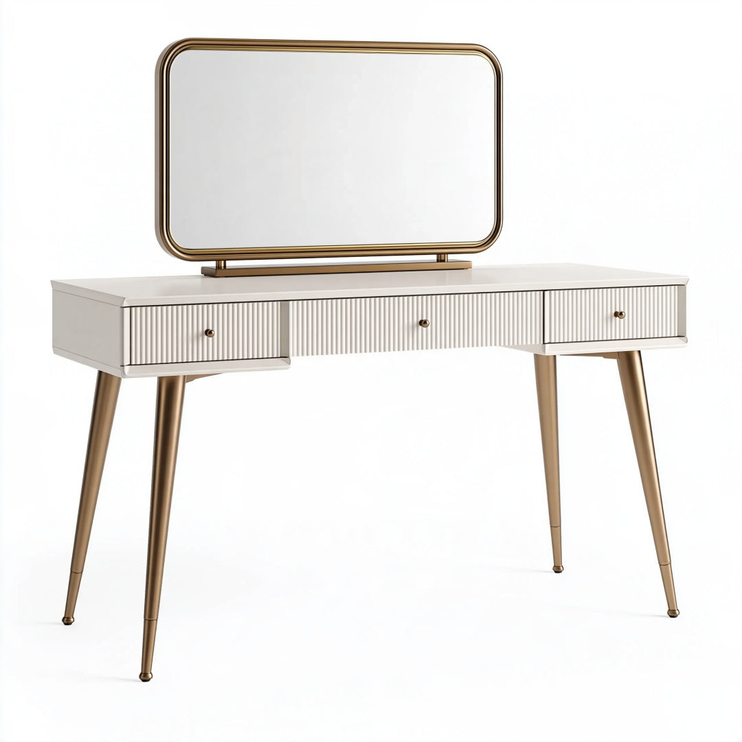 Toeletta con specchio 120 x 45 x 140 cm bianco e oro in legno e metallo con tre cassetti stile moderno