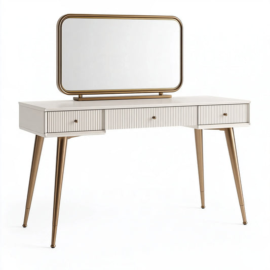 Toeletta con specchio 120 x 45 x 140 cm bianco e oro in legno e metallo con tre cassetti stile moderno