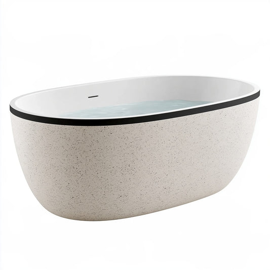 Vasca da bagno ovale 170 x 80 x 58 cm in resina minerale bianco effetto pietra con bordo nero freestanding